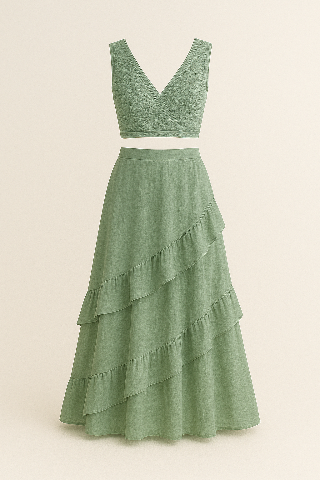 Green two-piece dress with a tiered skirt